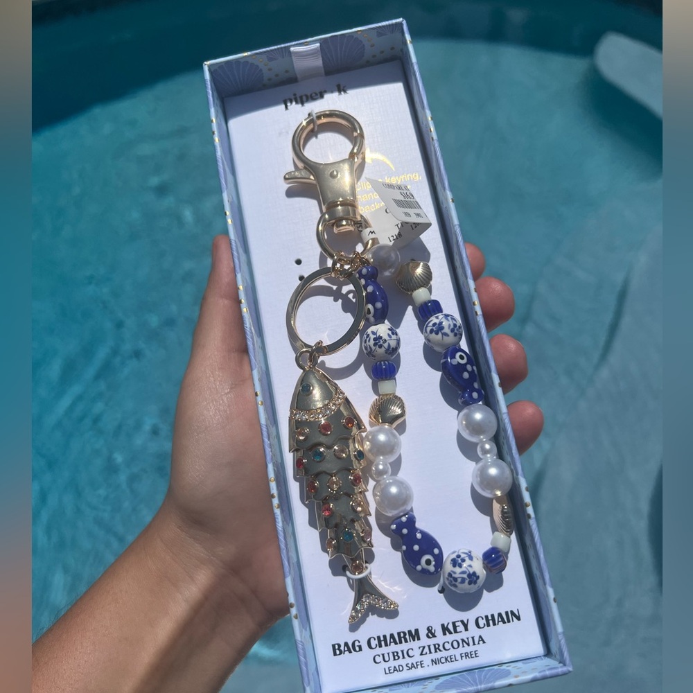 New Piper K Jeweled Sardine Fish Bag Charm & Key Chain - Blue Beaded